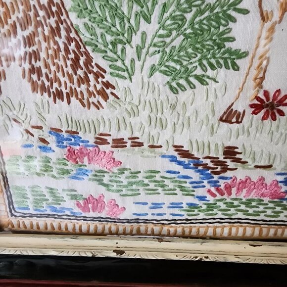 Vintage 1940's Original Handmade Needle Work Doe And Fawn Tapestry Framed 18x 23 - Picture 4 of 6